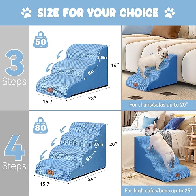 Dog Ramp and Stair for Bed 16" H-20 H,3-Step Cat Stair for Sofa and Chair,4-Step Dog Ramp for High Bed and Window,Durable Nonslip Fabric Cover for Indoor (Blue-20“H, Pet Friendly, 4)-PurrikoPets