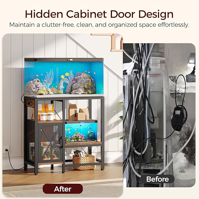 20-37 Gallon Fish Tank Stand, Aquarium Stand with Power Outlet and Storage Cabinet, Heavy Duty Tank Stand Suitable for Turtle Tank, Reptile Terrarium, for Home Office, Rustic Brown FTHR40E01-PurrikoPets