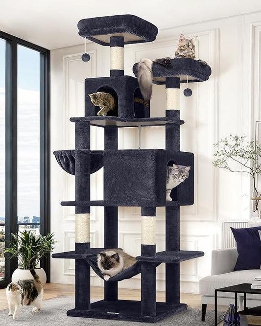 Globlazer Cat Tree Tower, 76-Inch Extra Tall Multi-Level Cat Furniture with Cozy Condos, Hammock and Perches for Adult Cats, Perfect for Climbing, Scratching, and Play, F76, Dark Grey-PurrikoPets