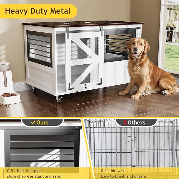 47 inch XL Dog Crate Furniture with Top-Access Teasing/Feeding Doors, Farmhouse Wooden Decorative Dog Crates with Wheels, Chew-Resistant Dog Crates End Table for Medium&Large Dogs, White-PurrikoPets