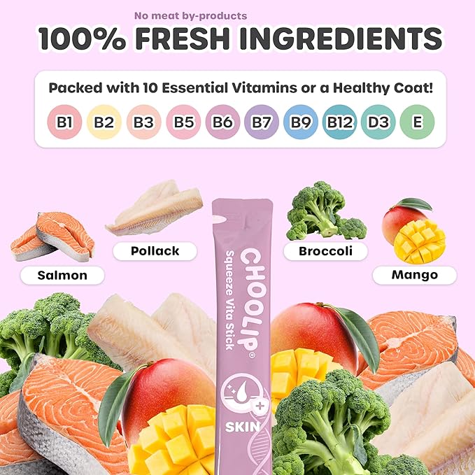 Grab & Go Squeeze Vita Stick Lickable Treats for Dogs & Cats. 49 Coat Support Sticks with Essential multivitamins. Soft and Tasty Paste for All Life Stages, Supporting Coat Health-PurrikoPets