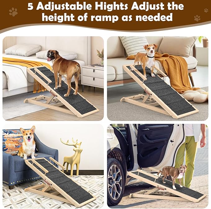 Dog Ramp for Couch, Bed or Car, Wooden 44" Long Pet Stairs for Small & Large Old Dogs & Cats, Hold up to 200lb, 5 Adjustable Height from 14.96" to 22", Portable Doggie Steps, Excellent Traction-PurrikoPets