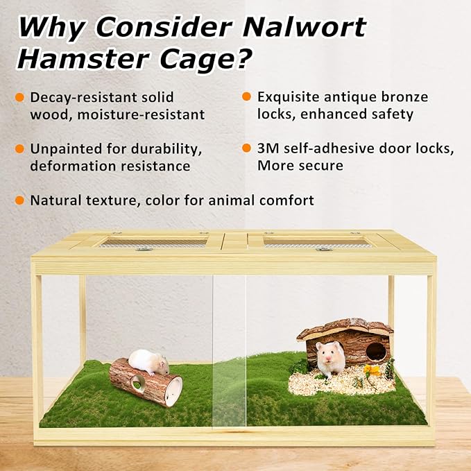 32" Hamster Habitat Enclosure, Lockable Sliding Door Gerbil Cage, Dwarf Hamster Cage with Metal Mesh Roof, Chewproof Syrian Hamster Cage for Mice, Small Animal, (Wooden, 32" L x 16" W x 16" H)-PurrikoPets