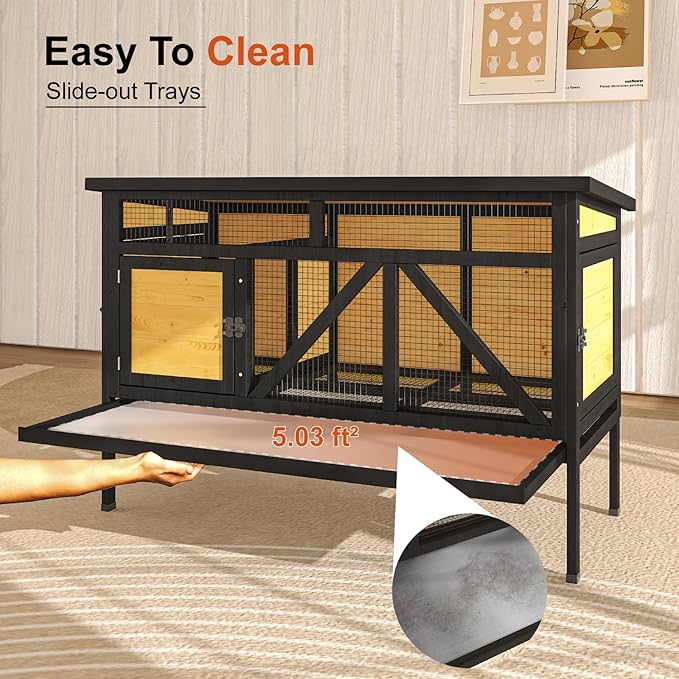 46.7" Rabbit Cage Elevated Bunny Cage Indoor, Outdoor Rabbit Hutch Hamster Cages for Small Animals, Wooden Guinea Pig Cages with Removable Tray & Waterproof Asphalt Roof & Bottom Wire Mesh-PurrikoPets