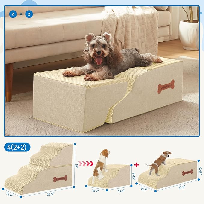 Dog Stairs 4 Steps for Small Dogs and Cats to Get on High Beds, Couch or Car, Pets Can Climb, Sit, Lie Down or Perch to Look Out Windows on The Spliceable Ramp, Provides Support, Beige（19" H）-PurrikoPets