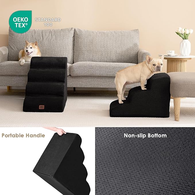 EHEYCIGA Curved Dog Stairs Ramp for Small Dogs 15.7" H, 3-Step Dog Steps for Couch Sofa and Chair, Pet Stairs for Cats, Non-Slip Balanced Pet Steps Indoor, Black-PurrikoPets