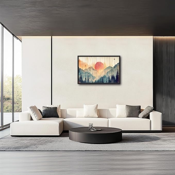 Framed Large Cabin Mountain Wall Art for Living Room, Oversized Rustic Forest Wall Decor, Rustic Nature Landscape Canvas Painting Sunset Pictures Home Decoration for Bedroom Office 36"x24"-PurrikoPets