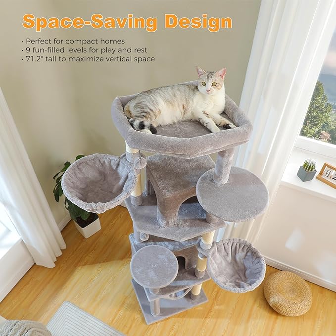 71.2" Tall Cat Tree for Indoor Cats - 9-Level Multi-Cat Tower w/5 Sisal Scratching Posts, 2 Condos, 3 Hammocks, Perch & Pom Poms - Heavy-Duty for Adult Cats, Space-Saving Plush Gray-PurrikoPets