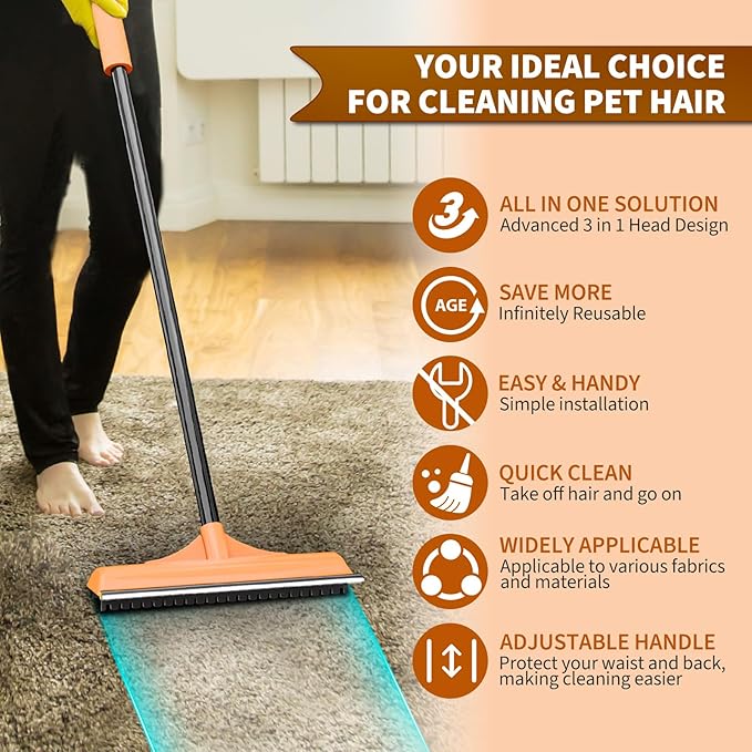 3 in 1 Carpet rake Kit for Pet Hair Removal Tool - Reusable Pet Hair Remover broom w 58"Adjustable Long Handle, Dog & Cat Carpet Scraper, Pet Hair Remover for Rugs, Mats, Couch, Curtains(Orange)-PurrikoPets