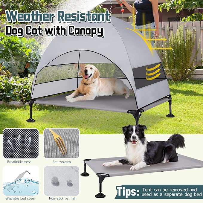 Elevated Outdoor Dog Bed with Canopy & Adjustable Feet - Larger Shade for Camping, Backyard & Patio-PurrikoPets