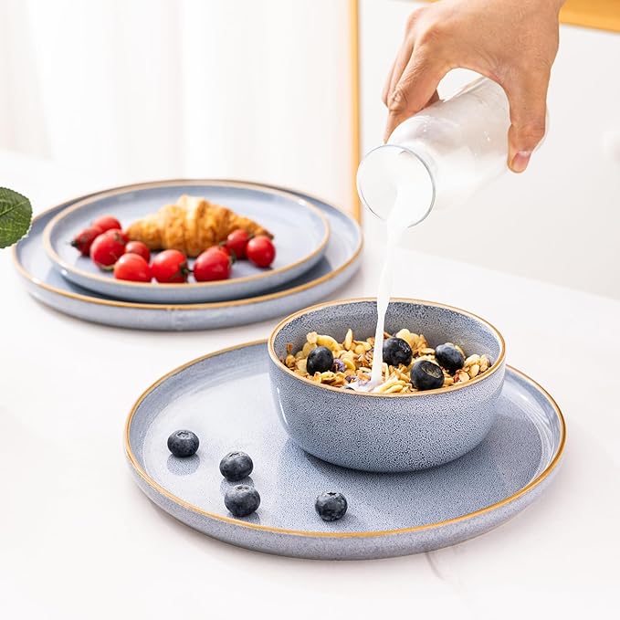 GBHOME Ceramic Dinnerware Sets for 6, 18 Pieces Stoneware Plates and Bowls Sets, Scratch Resistant Dish Sets for Dinner, Dishwasher & Microwave Safe, Brunnera Blue-PurrikoPets