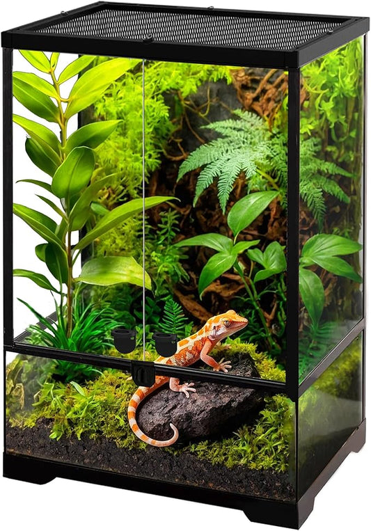 10 Gallon Professional Glass Terrarium 12"x12"x18" Durable Reptile Habitat Tank with Heat Resistant Aluminum Alloy Frame, Dual Front Swinging Doors for no Jam by Sand and Other Debris-PurrikoPets
