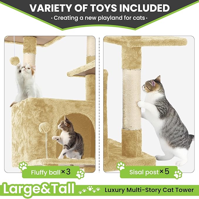 69in Large Cat Tree Tower for Indoor Cats with Soft Plush Hang Ball, Two Condos, Sisal Scratch Posts & Rope Play for Kittens/Adult Cats, Beige-PurrikoPets