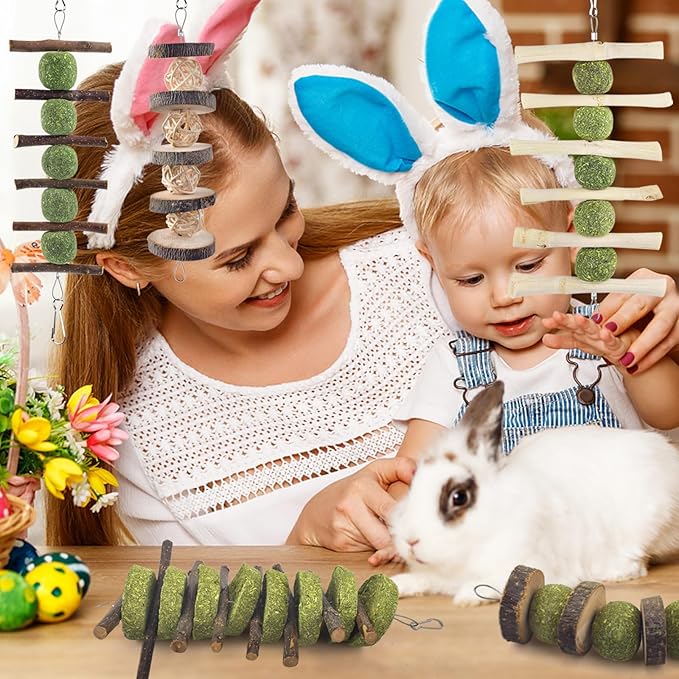 ERKOON Bunny Chew Toys, Rabbit Chew Toys for Teeth Grinding, Improve Dental Health, 100% Natural Apple Wood Timothy Grass Cake Treats for Rabbits Guinea Pigs Chinchillas Bunnies Hamsters (5 Pcs)-PurrikoPets