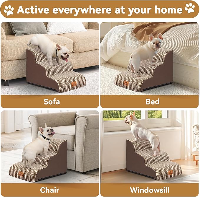 Dog Ramp and Stair for Bed 16" H-20 H,3-Step Cat Stair for Sofa and Chair,4-Step Dog Ramp for High Bed and Window,Durable Nonslip Fabric Cover for Indoor (Coffee-16 H, Pet Friendly, 3)-PurrikoPets