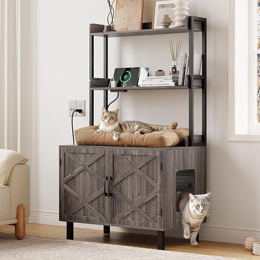 55 Inches Cat Litter Box Enclosure, Hidden Litter Box Furniture with 2 Storage Shelves and Charging Sockets, Wooden Cat House, Large Indoor Cabinet for Living Room & Entryway, Grey-PurrikoPets