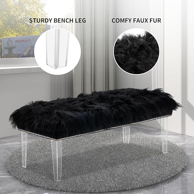 46 Inch Black Bedroom Bench, Benches for Bedroom White Faux Fur Upholstered Bed end Bench, Tufting Bench Indoor Bench with Acrylic Legs for Living Room Bedroom Dining Room Entryway, Black-PurrikoPets