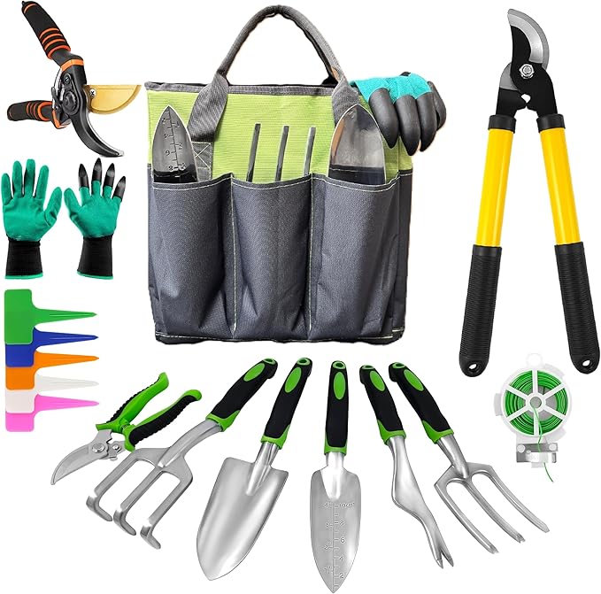 Gardening Tools – 42 Piece Premium Gardening Tool Set,Heavy Duty Hand Tools with Fashion Garden Tools Organizer Handbag,Rust-Proof Gardening Tool Kit, Ideal Gardening Gifts for All (Green/Grey)-PurrikoPets