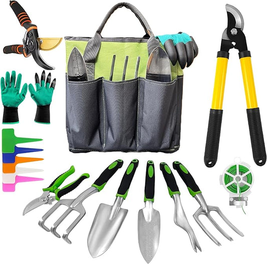 Gardening Tools – 42 Piece Premium Gardening Tool Set,Heavy Duty Hand Tools with Fashion Garden Tools Organizer Handbag,Rust-Proof Gardening Tool Kit, Ideal Gardening Gifts for All (Green/Grey)-PurrikoPets