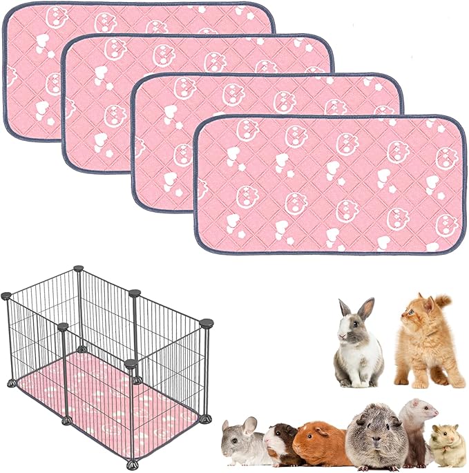 4 Pack Guinea Pig Bedding - Washable Guinea Pig Liners for C&C 2x1 Cage, Waterproof Reusable & Anti Slip Pee Pads Super Absorbent Mats for Small Animal Rabbit Hamster Rat (Pink, 28 x 14 Inch)-PurrikoPets
