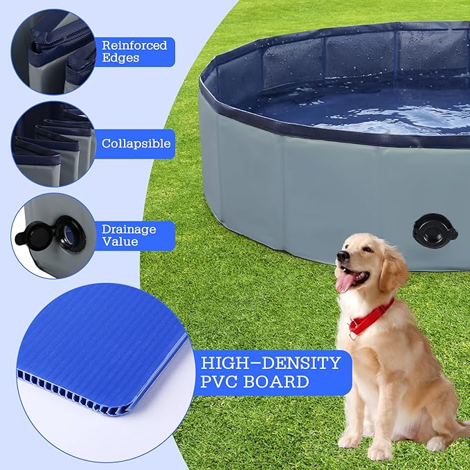 Foldable Dog Bath Swimming Pool Plastic Kiddie Pool Professional Tub Collapsible Grooming Bathtub for Pets Kids Baby and Toddler, 39.5 x 12 Inches Gray-PurrikoPets