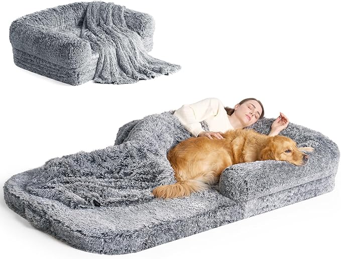 EHEYCIGA Foldable Human Dog Bed, Orthopedic Memory Foam Human Sized Dog Bed, Waterproof Pet Bed for People, Faux Fur Pet Couch for Adult, Grey, 72"x44"x11"-PurrikoPets