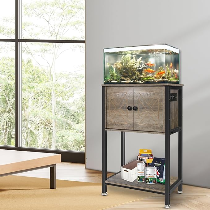 5-10 Gallon Fish Tank Stand, Heavy Duty Aquarium Stand with Cabinet & Power Outlets for Fish Tank Accessories Storage, Double Tank Stand 20.5" L* 11" W Tabletop, 220LBS Capacity, Grey-PurrikoPets