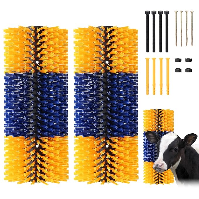 2PCS Livestock Scratching Brush, 17.5 x 7.8 Inch Goat Brushes for Grooming, Horse Brushes for Shedding, Livestock Brush with 8 Screws Great for Horse, Elk, Cattle, Pig, Sheep（Yellow）-PurrikoPets