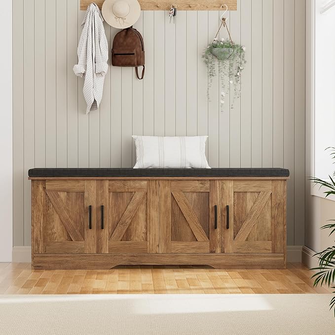 2-Tier Storage Bench, Shoe Bench with Padded Seat Cushion, Entryway Bench with 4 Barn Doors, Adjustable Shelf, 13.8" D x 47.2" W x 17.7" H, for Entryway, Living Room, Bedroom, Rustic Walnut-PurrikoPets