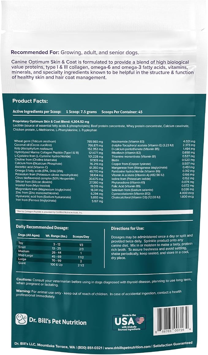 Dr. Bill's Canine Optimum Skin & Coat – Reduces Shedding, Itching, Dry Skin – Allergy Relief for Healthy Fur - Omega 3, Collagen, Biotin & Hyaluronic Acid – 340g Vet-Recommended Dog Supplement-PurrikoPets