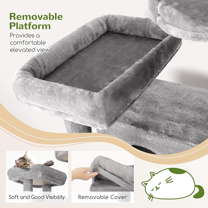 Globlazer Cat Tree, 70 inch Tall Scratching Tower Multi-Level Cat Condo for Indoor Multiple Cats with 2 Large Cat Caves, Top Perch, Large Platform, Bottom Swing, F70B, Light Grey-PurrikoPets