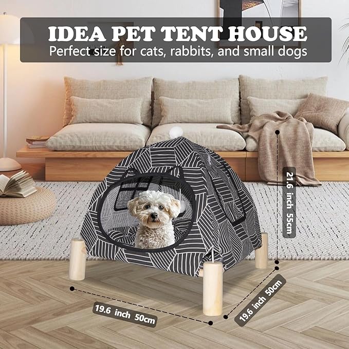 2-in-1 Elevated Cat Tent Cat House, Quick Assembly and Disassembly, Portable Indoor/Outdoor Cute Cat Bed Cave-Black Diamond Pattern-PurrikoPets