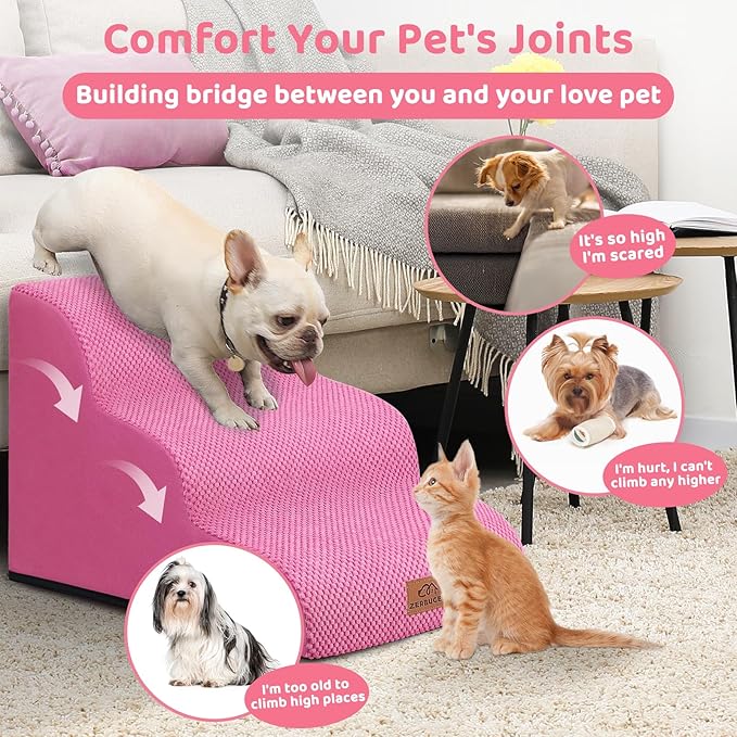 Dog Ramp and Stair for Bed 16" H-20 H,3-Step Cat Stair for Sofa and Chair,4-Step Dog Ramp for High Bed and Window,Durable Nonslip Fabric Cover for Indoor (Pink-16 H, Pet Friendly, 3)-PurrikoPets