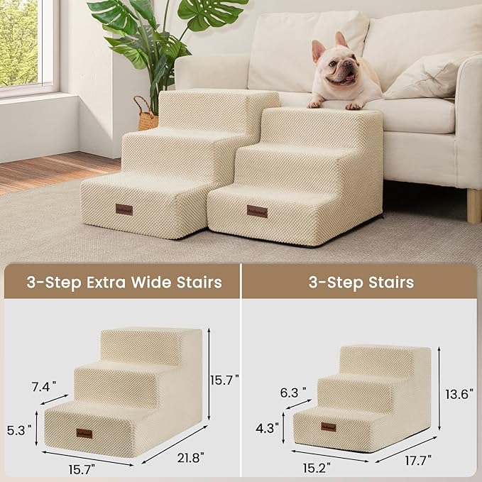 Dog Stairs for Small Dogs & Cats, 3-Step Non-Slip Pet Steps for Couch Sofa and Chair, Beige, 13.6" H-PurrikoPets