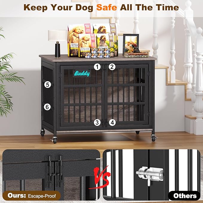EasyCom 42"/41"/33" XL Dog Crate Furniture with Casters, Heavy Duty Dog Kennel Indoor for Large and Medium Dogs, Double-Doors Sturdy Dog Cage for Anxiety Dog, Decorate House as TV Stand, Bedside Table-PurrikoPets