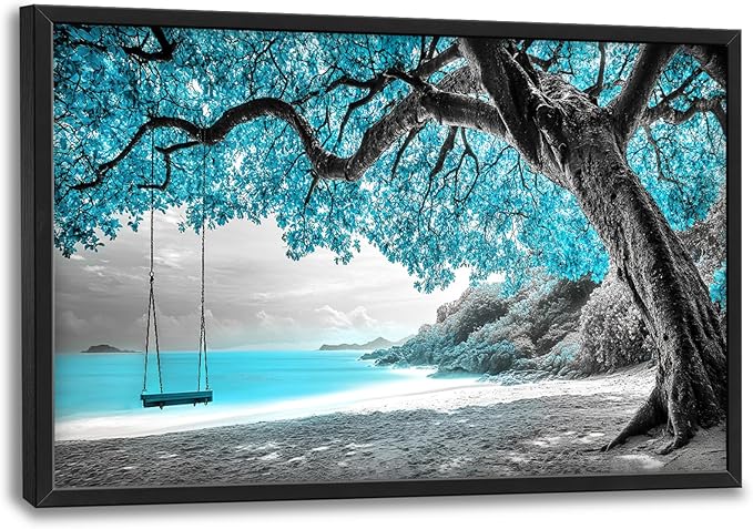 Extra Large Framed Abstract Tree Wall Art,Black and White Tree of Life Wall Decor,Blue Teal Sea Pictures for Living Room,Canvas Print Painting Modern Artwork Bedroom Office Bathroom 36L x 24W-PurrikoPets