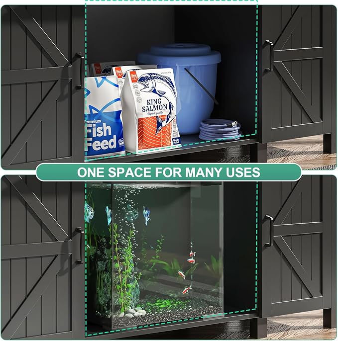 55-75 Gallon Aquarium Stand With Charging Station, Farmhouse Fish Tank Stand, Reptile Tank Stand Terrarium Stand with Drawer and Cabinet Storage, Sturdy Heavy Duty 53.5"×19.7" Tabletop - Black-PurrikoPets