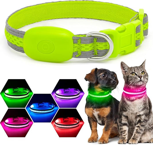 Flashseen LED Cat Collar,Light Up Dog Collar Rechargeable, Dog Lights for Night Walking, Comfortable Soft Mesh Pet Collar Adjustable for Cats Puppy and Small Dogs(Neon Green, XS)-PurrikoPets