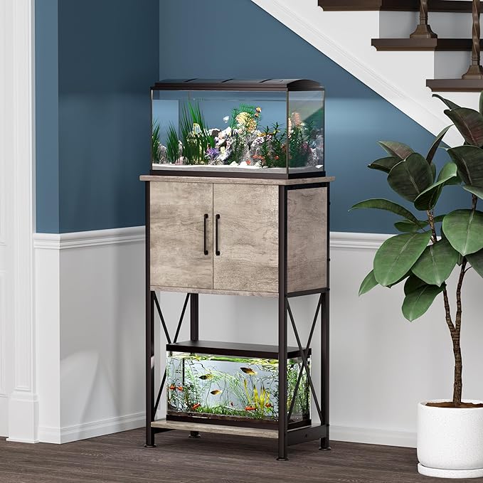 5-10 Gallon Fish Tank Stand, Metal Double Aquarium Stand with Cabinet for Fish Tank Accessories Storage, Heavy Duty 20.5" L* 11.02" W Tabletop, 500LBS Capacity Grey PG06YGZ-PurrikoPets