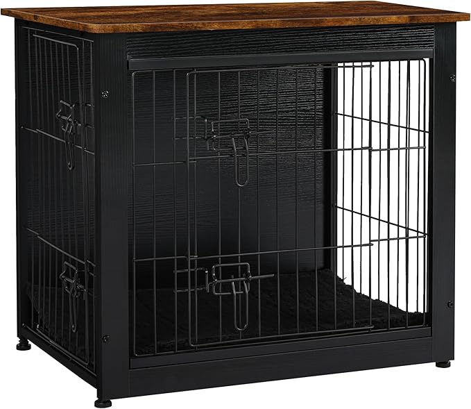 DWANTON Dog Crate Furniture with Cushion, Wooden Kennel Table with Double Doors, Indoor Dog House, Small/Medium/Large Size, 27.2" L, Black+Rustic Brown-PurrikoPets