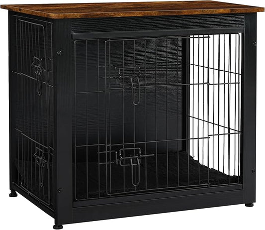 DWANTON Dog Crate Furniture with Cushion, Wooden Kennel Table with Double Doors, Indoor Dog House, Small/Medium/Large Size, 27.2" L, Black+Rustic Brown-PurrikoPets
