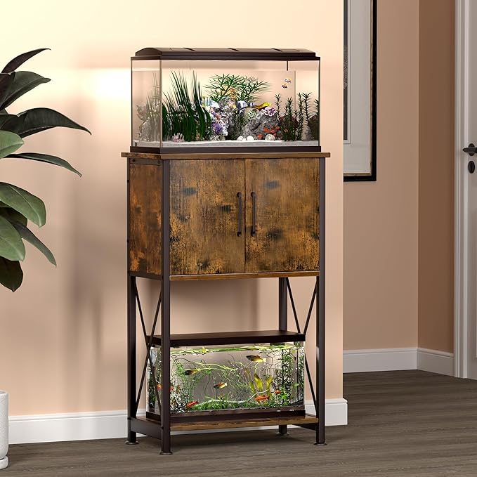 5-10 Gallon Fish Tank Stand, Metal Double Aquarium Stand with Cabinet for Fish Tank Accessories Storage, Heavy Duty 20.5" L* 11.02" W Tabletop, 500LBS Capacity Rustic Brown and Black PG06YGN-PurrikoPets