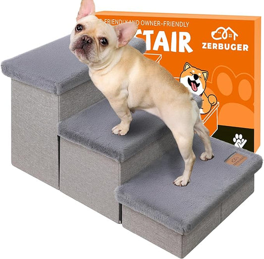 Dog Stairs with Furry Lids 18" H, 3-Step Wider Dog Steps with Storage for Small/Medium/Large Old Dogs Cats, Folding Sturdy Pet Stairs Climbing Bed Couch, Ramp for Car Hold Up to 200 lbs, Grey-PurrikoPets