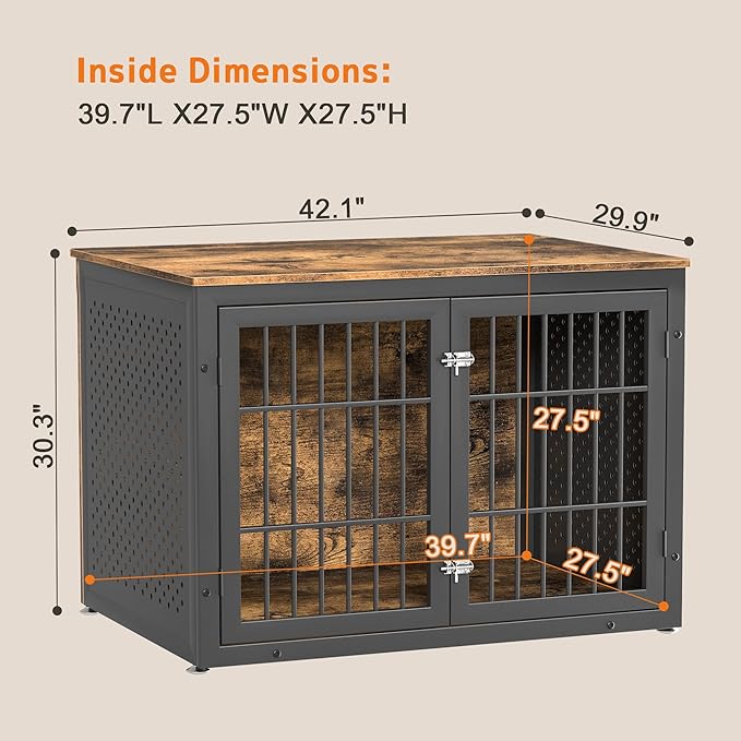 42" Heavy Duty Dog Crate Furniture for Large and Medium Dogs, Enclosed Design Wooden Metal Kennel, Wooden Cage Furniture Indoor, Decorative Dog Kennel End Table-PurrikoPets
