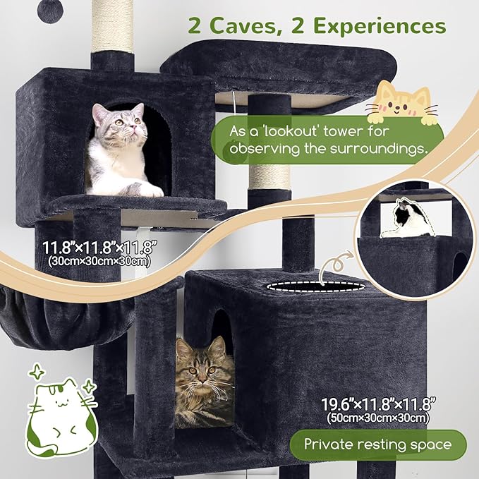 Globlazer Cat Tree Tower, 76-Inch Extra Tall Multi-Level Cat Furniture with Cozy Condos, Hammock and Perches for Adult Cats, Perfect for Climbing, Scratching, and Play, F76, Dark Grey-PurrikoPets