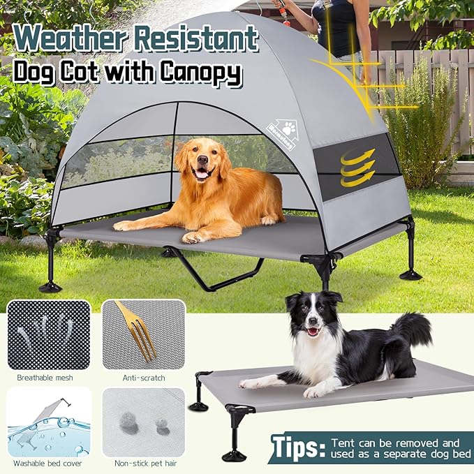 Elevated Outdoor Dog Bed with Canopy & Adjustable Feet - Larger Shade for Camping, Backyard & Patio-PurrikoPets