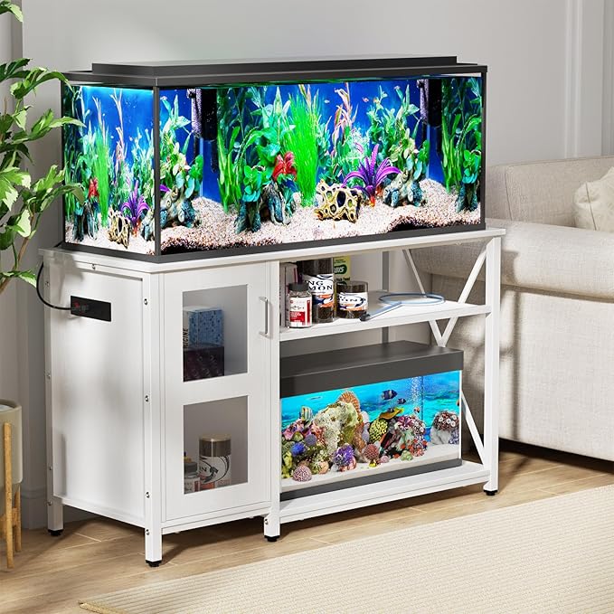 55-75 Gallon Fish Tank Stand with Cabinet, Aquarium Stand for Fish Tank Accessories Storage, Heavy Duty Metal Terrarium Stand, 52" L*19" W Tabletop, 1200LBS Capacity, White-PurrikoPets