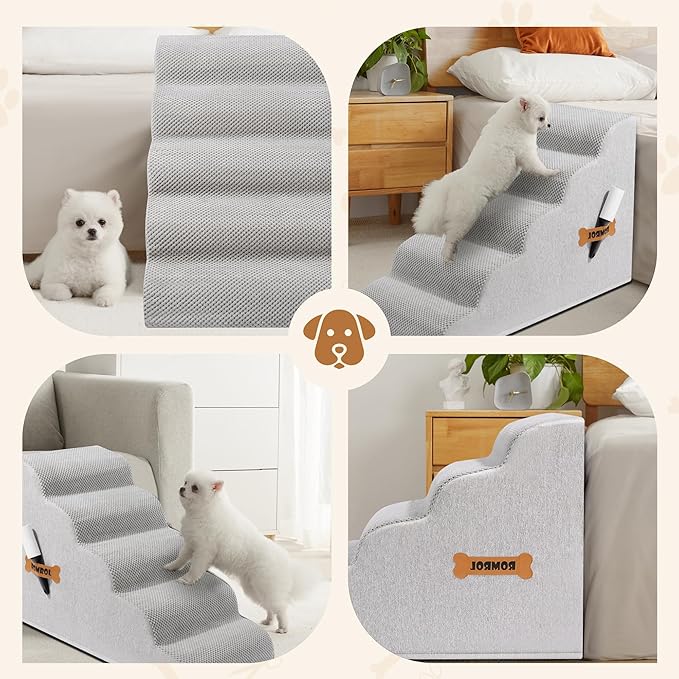 Dog Stairs, Romrol Dog Steps Ramp for High Bed and Couch, Dogs Ramp with Durable Non-Slip Waterproof Fabric Cover, Pet Stairs for Small Dogs and Cats or Pets Joints, 4-TiersLight Grey-PurrikoPets