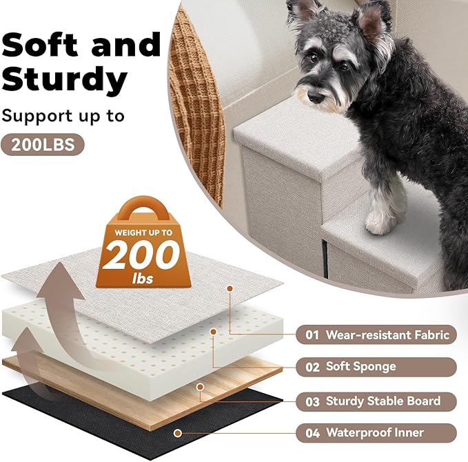 Dog Stairs with Storage 18" H, 3-Step Wider Dog Steps for Small/Medium/Large Old Dogs Cats, Folding Sturdy Pet Stairs Climbing Bed or Couch, Ramp for Car Up to 200 lbs (Beige, No Condo)-PurrikoPets