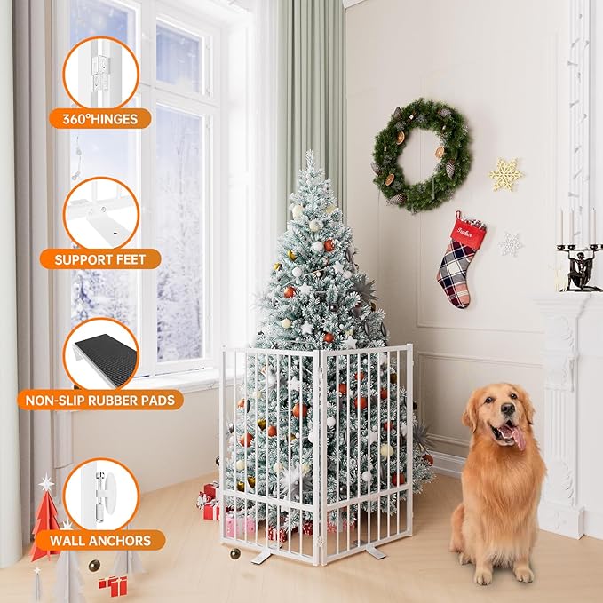 Full Metal Freestanding Dog Gate with Door, 36''Height Foldable Pet Dog Fence for Indoor & Outdoor, 2 Panels Extra Wide Free Standing TallDog Gates for Doorways,House,Stairs,Porch,Deck,Yard-PurrikoPets